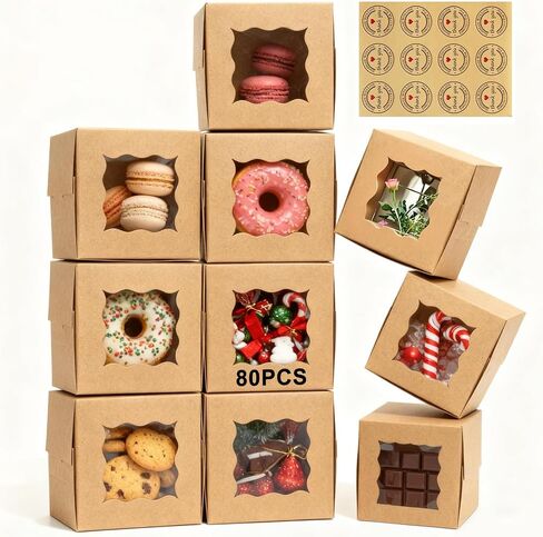 TAOUNOA 80 Pack Bakery Boxes with Window, Christmas Cookie Boxes 4x4x2.5 Inches Kraft Paper Mini Cake Boxes Holiday Cupcake Boxes for Gift Giving for Strawberries Cupcakes Pastry Dessert, Brown in Saudi Arabia