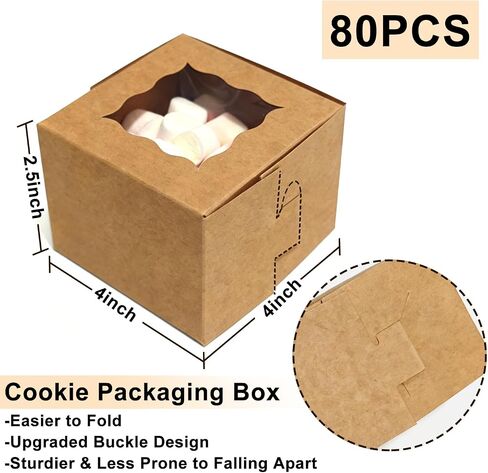 TAOUNOA 80 Pack Bakery Boxes with Window, Christmas Cookie Boxes 4x4x2.5 Inches Kraft Paper Mini Cake Boxes Holiday Cupcake Boxes for Gift Giving for Strawberries Cupcakes Pastry Dessert, Brown in Saudi Arabia