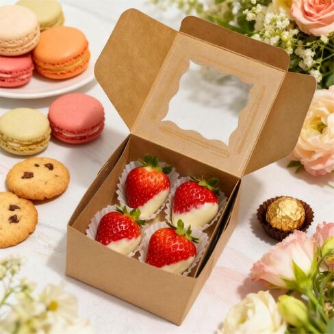 TAOUNOA 80 Pack Bakery Boxes with Window, Christmas Cookie Boxes 4x4x2.5 Inches Kraft Paper Mini Cake Boxes Holiday Cupcake Boxes for Gift Giving for Strawberries Cupcakes Pastry Dessert, Brown in Saudi Arabia