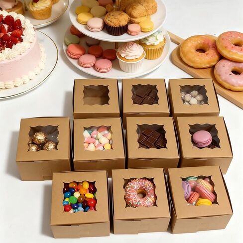 TAOUNOA 80 Pack Bakery Boxes with Window, Christmas Cookie Boxes 4x4x2.5 Inches Kraft Paper Mini Cake Boxes Holiday Cupcake Boxes for Gift Giving for Strawberries Cupcakes Pastry Dessert, Brown in Saudi Arabia