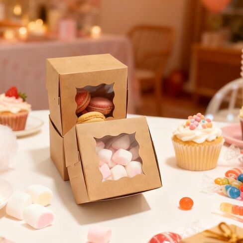 TAOUNOA 80 Pack Bakery Boxes with Window, Christmas Cookie Boxes 4x4x2.5 Inches Kraft Paper Mini Cake Boxes Holiday Cupcake Boxes for Gift Giving for Strawberries Cupcakes Pastry Dessert, Brown in Saudi Arabia