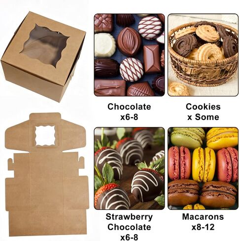 TAOUNOA 80 Pack Bakery Boxes with Window, Christmas Cookie Boxes 4x4x2.5 Inches Kraft Paper Mini Cake Boxes Holiday Cupcake Boxes for Gift Giving for Strawberries Cupcakes Pastry Dessert, Brown in Saudi Arabia