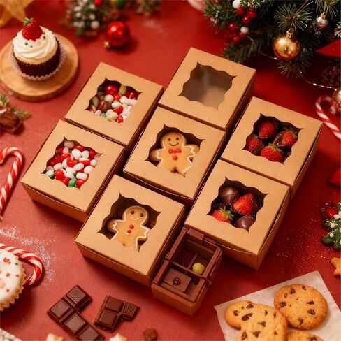 TAOUNOA 80 Pack Bakery Boxes with Window, Christmas Cookie Boxes 4x4x2.5 Inches Kraft Paper Mini Cake Boxes Holiday Cupcake Boxes for Gift Giving for Strawberries Cupcakes Pastry Dessert, Brown in Saudi Arabia