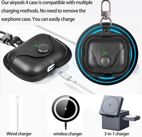 لحافظة AirPods 4 الجلدية | حافظة AirPods الجيل الرابع اللطيفة من قطعة واحدة | مع سلسلة المفاتيح | حافظة سماعات ايربودز الجيل الرابع للرجال والنساء موديل A3058/A3059 (أسود) in Kuwait
