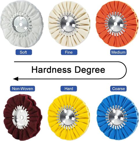Airway Buffing Wheel Kit 7 PCs kit (2 pcs White & 2 pcs Orange & 2 pcs Blue & 1 Buffing rake) 8" in Diameter 5/8" in Arbor Hole 16 Ply for Angle Grinder 7 Pcs in Kuwait