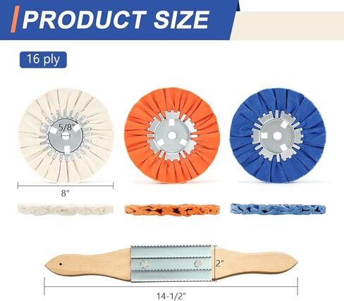 Airway Buffing Wheel Kit 7 PCs kit (2 pcs White & 2 pcs Orange & 2 pcs Blue & 1 Buffing rake) 8" in Diameter 5/8" in Arbor Hole 16 Ply for Angle Grinder 7 Pcs in Kuwait