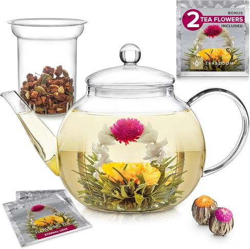 Teabloom Stovetop & Microwave Safe Teapot (40 oz) with Removable Loose Tea Glass Infuser – Includes 2 Blooming Teas – 2-in-1 Tea Kettle and Tea Maker in Saudi Arabia