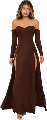 SweatyRocks Women's Elegant Off Shoulder Double High Slit Long Sleeve Dress A Line Maxi Dresses in Saudi Arabia