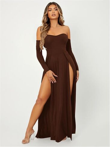 SweatyRocks Women's Elegant Off Shoulder Double High Slit Long Sleeve Dress A Line Maxi Dresses in Saudi Arabia