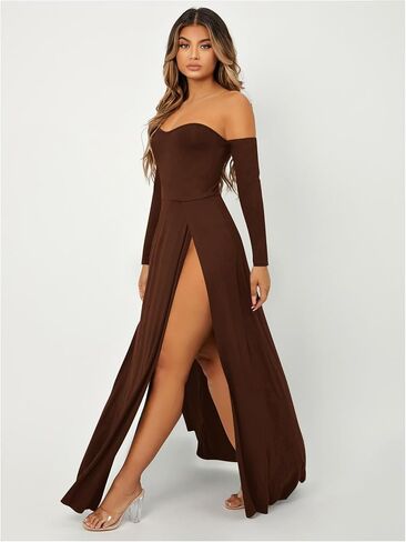 SweatyRocks Women's Elegant Off Shoulder Double High Slit Long Sleeve Dress A Line Maxi Dresses in Saudi Arabia