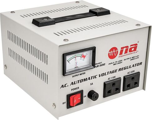 Nippon America AC Automatic Voltage Regulator (AR-500), 500 Watts, Delay Output Circuit, Display, AC 110V/120V, Power Switch, High-Voltage Protection, Efficient Heat Dissipation, Handle, Single Phase in Kuwait