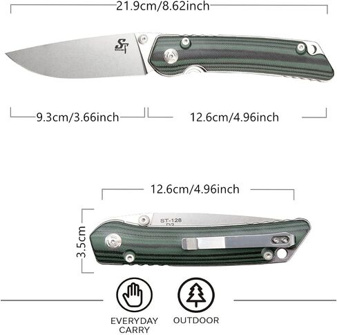 سكين قابل للطي من Sitivien ST128، D2 Blade G10 مقبض أمان بطانة قفل EDC أداة سكين للتنزه في الهواء الطلق والتخييم - أخضر in Kuwait