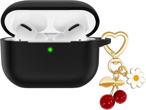 for Airpods Pro 2nd Generation Case Cover with Cute Cherry Charm Heart Keychain，Airpod Pro 2 Case Kawaii Heart Flower Daisy Key Chains for New Apple Airpods Pro Gen 2 Charging Case-Black in Saudi Arabia