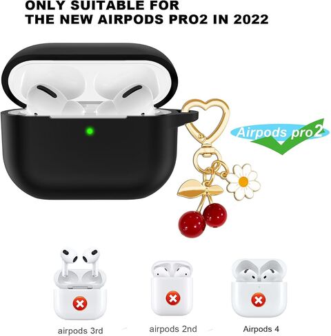 for Airpods Pro 2nd Generation Case Cover with Cute Cherry Charm Heart Keychain，Airpod Pro 2 Case Kawaii Heart Flower Daisy Key Chains for New Apple Airpods Pro Gen 2 Charging Case-Black in Saudi Arabia