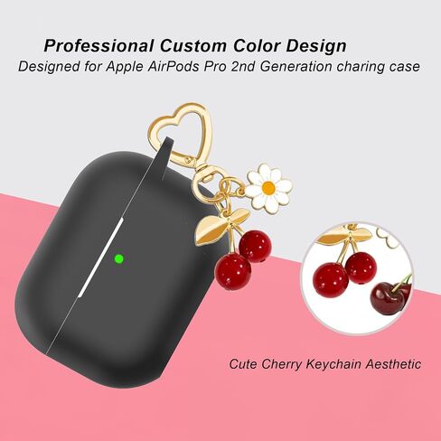 for Airpods Pro 2nd Generation Case Cover with Cute Cherry Charm Heart Keychain，Airpod Pro 2 Case Kawaii Heart Flower Daisy Key Chains for New Apple Airpods Pro Gen 2 Charging Case-Black in Saudi Arabia