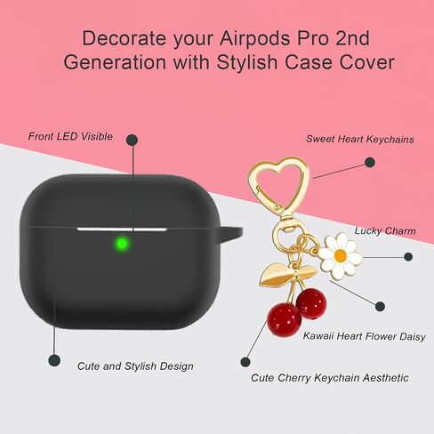 for Airpods Pro 2nd Generation Case Cover with Cute Cherry Charm Heart Keychain，Airpod Pro 2 Case Kawaii Heart Flower Daisy Key Chains for New Apple Airpods Pro Gen 2 Charging Case-Black in Saudi Arabia
