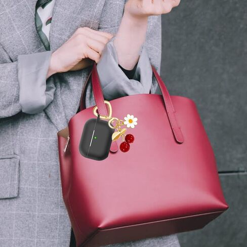 for Airpods Pro 2nd Generation Case Cover with Cute Cherry Charm Heart Keychain，Airpod Pro 2 Case Kawaii Heart Flower Daisy Key Chains for New Apple Airpods Pro Gen 2 Charging Case-Black in Saudi Arabia