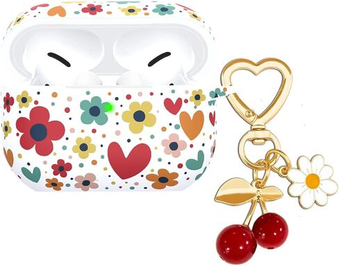 for Airpods Pro 2nd Generation Case Cover with Cute Cherry Charm Heart Keychain，Airpod Pro 2 Case Kawaii Heart Flower Daisy Key Chains for New Apple Airpods Pro Gen 2 Charging Case-Black in Saudi Arabia