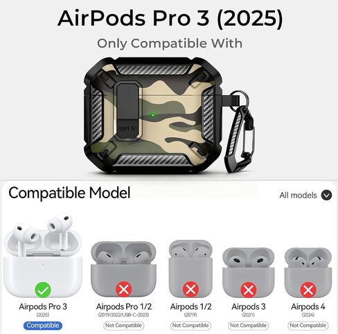 لحافظة AirPods Pro 3 (2025، موديل A2700/A2931) | حماية كاملة من السقوط مع حلقة تسلق | حافظة AirPods 3 Pro للرجال والنساء (أسود بالكامل) in Kuwait