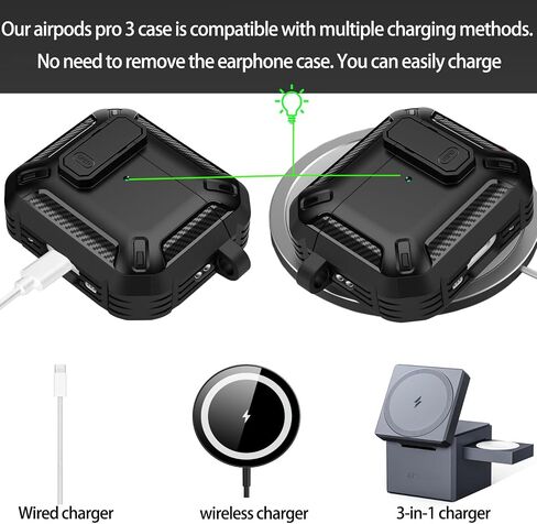 لحافظة AirPods Pro 3 (2025، موديل A2700/A2931) | حماية كاملة من السقوط مع حلقة تسلق | حافظة AirPods 3 Pro للرجال والنساء (أسود بالكامل) in Kuwait