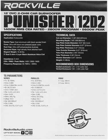 Rockville Punisher 12D2 12" 5600 Watt Competition Car Subwoofer Bundle with Rockville RBS12 Vented Enclosure Box & Complete Single Sub Box Enclosure Installation Kit (3 Items) in Saudi Arabia