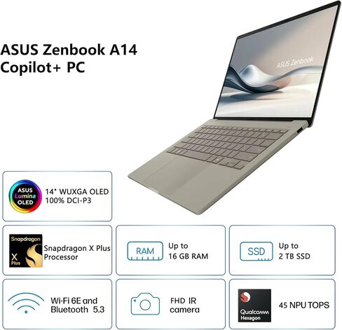 ASUS Zenbook A14 Copilot+ AI PC Laptop | 14" WUXGA OLED (100% DCI-P3) | Qualcomm Snapdragon X Plus (Up to 45 Tops) | 16GB RAM 512GB SSD | for Creator Business Professional Win11 w/DLCA Accessory in Saudi Arabia