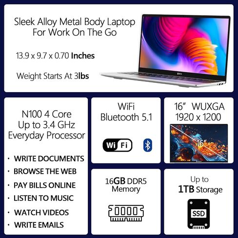 IPASON P3 16" WUXGA (1920 x 1200) Laptop – Sleek Everyday Performance with Intel N100 Quad-Core, 16GB DDR5 RAM, 512GB SSD, Backlit Keyboard, HDMI, microSD Reader, Wi-Fi, Windows 11 Home in Saudi Arabia