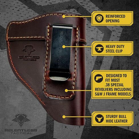 حافظة IWB الجلدية من Defender - تناسب معظم المسدسات ذات الإطار J بما في ذلك. Ruger LCR، S&W 442/642، Taurus، Charter ومعظم المسدسات الخاصة .38 - صنع في الولايات المتحدة الأمريكية in Saudi Arabia