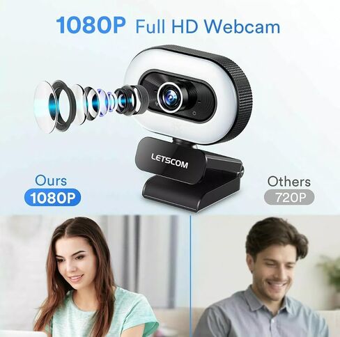 Pro Webcam with Ring Light and Microphone, 1080P Full HD, USB Computer Camera with Privacy Cover and Tripod for Video Calls, Streaming in Saudi Arabia