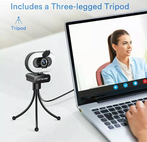 Pro Webcam with Ring Light and Microphone, 1080P Full HD, USB Computer Camera with Privacy Cover and Tripod for Video Calls, Streaming in Saudi Arabia