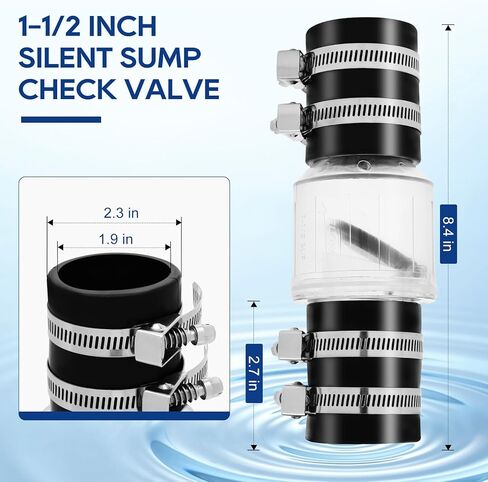 2 بوصة صامت صامت PVC صمام ، صمام التحقق من مضخة Sump Clear واضحة مع المشابك غير القابل للصدأ تناسب 7-1/4 "الفجوة في 2" أنبوب 40 ، مع ربيع الصرف الصحي المتسرب. in Kuwait