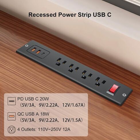 4 منافذ قطاع طاقة مجوف مع USB C 20 وات، منفذ طاقة سريع الشحن لسطح المكتب، موسع مكتب مثبت على سطح المكتب بطول 6.56 قدم، قابس سلك تمديد في فندق مؤتمرات الأثاث in Kuwait