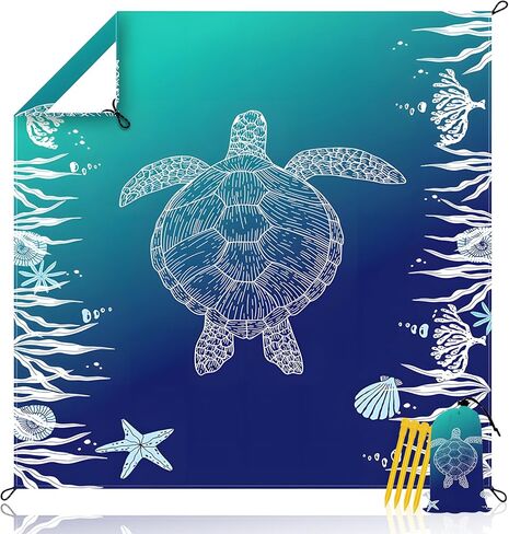 Beach Blanket Waterproof Sandproof Extra Large 80"x80" Sand Free Mat for 1-8 Adults, Quick Drying with 4 Stakes & Corner Pockets for Beach Travel Camping Picnic Hiking, Sea Turtle in Kuwait