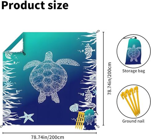Beach Blanket Waterproof Sandproof Extra Large 80"x80" Sand Free Mat for 1-8 Adults, Quick Drying with 4 Stakes & Corner Pockets for Beach Travel Camping Picnic Hiking, Sea Turtle in Kuwait