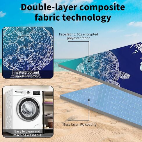 Beach Blanket Waterproof Sandproof Extra Large 80"x80" Sand Free Mat for 1-8 Adults, Quick Drying with 4 Stakes & Corner Pockets for Beach Travel Camping Picnic Hiking, Sea Turtle in Kuwait