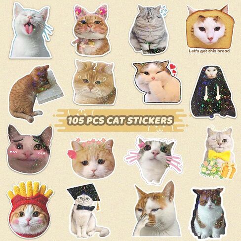 105 PCS Cute Cat Stickers Pack, Waterproof Vinyl Cats Sticker Bulk, Funny Stickers, Meme Hologhraphic Stickers for Water Bottles, Scrapbooks and Gifts Party Favors in Saudi Arabia