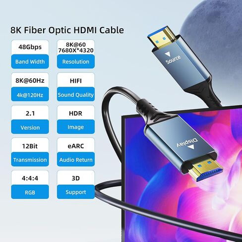 كابل HDMI 2.1 من الألياف الضوئية 8K بطول 50 قدمًا/15 مترًا، سلك HDMI فائق السرعة 48 جيجابت في الثانية، 8K@60 هرتز 4K@240 هرتز، HDR ديناميكي، eARC، HDCP 2.2&2.3، ثلاثي الأبعاد، لشاشة HDTV والكمبيوتر المحمول Xbox PS4/PS5 وجهاز العرض in Kuwait
