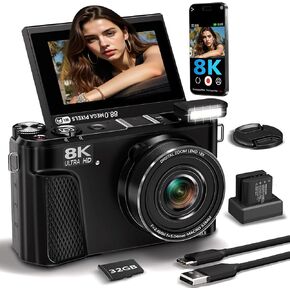 أحدث كاميرا رقمية 8K للتصوير الفوتوغرافي لعام 2025، وكاميرا تسجيل فيديو بدقة 88 ميجابكسل لليوتيوب مع شاشة قابلة للطي 3 بوصات بزاوية 180 درجة، وتكبير رقمي 18X، وبطاقة SD سعة 32 جيجابايت، وبطاريتين (معدنية) in Kuwait