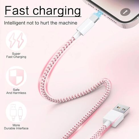 كابل شحن هاتف بطول 3 أقدام، كابل USB-A متدرج ملون إلى كابل Lig-ning، كابل بيانات متين من النايلون المضفر للهاتف 14/13/12/11/XR، وردي in Saudi Arabia