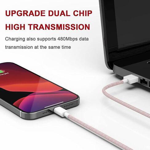 كابل شحن هاتف بطول 3 أقدام، كابل USB-A متدرج ملون إلى كابل Lig-ning، كابل بيانات متين من النايلون المضفر للهاتف 14/13/12/11/XR، وردي in Saudi Arabia