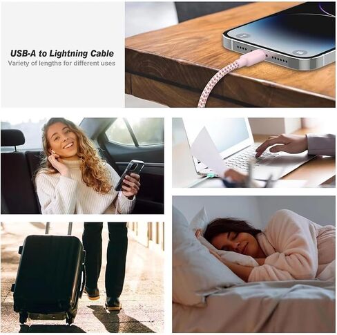 كابل شحن هاتف بطول 3 أقدام، كابل USB-A متدرج ملون إلى كابل Lig-ning، كابل بيانات متين من النايلون المضفر للهاتف 14/13/12/11/XR، وردي in Saudi Arabia