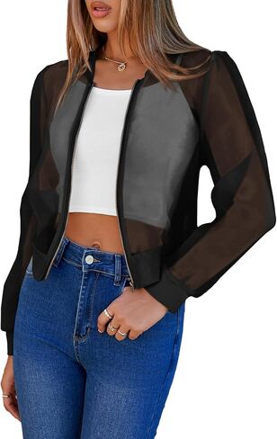 سترات Fisoew النسائية ذات شبكة قصيرة شفافة وخفيفة الوزن وأكمام طويلة وسحاب للارتداء الخارجي in Kuwait