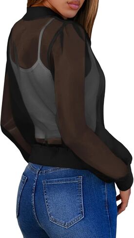 سترات Fisoew النسائية ذات شبكة قصيرة شفافة وخفيفة الوزن وأكمام طويلة وسحاب للارتداء الخارجي in Kuwait