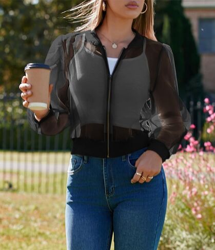 سترات Fisoew النسائية ذات شبكة قصيرة شفافة وخفيفة الوزن وأكمام طويلة وسحاب للارتداء الخارجي in Kuwait