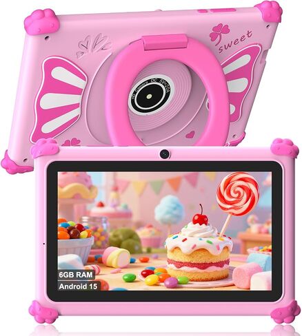 Kids Tablets 7 Inch Android 15 Toddler Tablet for Kids with 2.4G+5G WiFi6 Penta Core 6GB RAM 32GB ROM Childrens Tablet Dual Camera 128GB Expandable Parental Control Educational Games (Pink) in Saudi Arabia