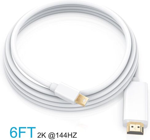 منفذ عرض صغير إلى HDMI، كابل Mini DP إلى HDMI بطول 6 أقدام، 4K x 2K @144HZ Thunderbolt إلى HDMI محول متوافق مع الشاشة وجهاز العرض، أبيض (1) in Kuwait