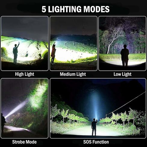 مصابيح كاشفة LED عالية اللومن قابلة لإعادة الشحن، 2 حزمة، 99000 لومن مصباح يدوي فائق السطوع مع بطارية 5000ɱAh، مصابيح فلاش قوية مقاومة للماء متعددة الوظائف للتخييم المنزلي والمشي لمسافات طويلة in Kuwait