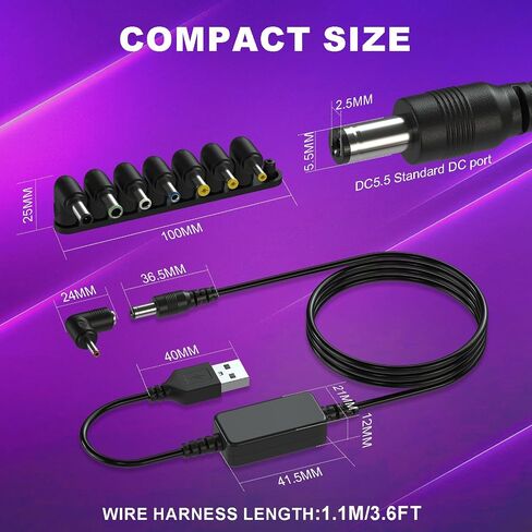 DROK USB to 12v Adapter - 5v to 12v Step Up Converter, 1.1m/3.6FT USB to DC Power Cable Boost Converter with 8 DC Plug Adapter in Saudi Arabia