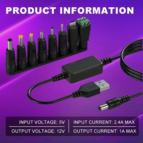 DROK USB to 12v Adapter - 5v to 12v Step Up Converter, 1.1m/3.6FT USB to DC Power Cable Boost Converter with 8 DC Plug Adapter in Saudi Arabia