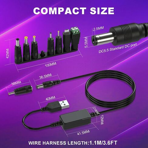 DROK USB to 12v Adapter - 5v to 12v Step Up Converter, 1.1m/3.6FT USB to DC Power Cable Boost Converter with 8 DC Plug Adapter in Saudi Arabia